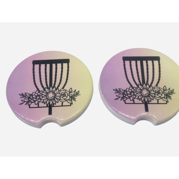 2 Pack DISC GOLF BASKET Car Drink Coasters Pink Yellow Ceramic Car Cup Holders - Picture 6 of 6